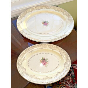Set of 2 vintage Paden City Pottery Serving Platter Pink Roses 22k Gold Trim